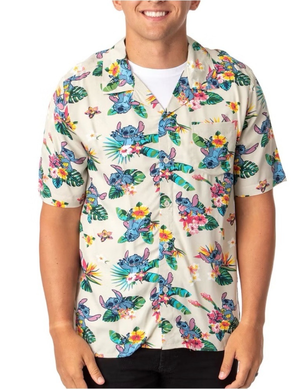 Disney Lilo and Stitch Hawaiian Shirt Men Size XL Beige Button Down Tan Floral